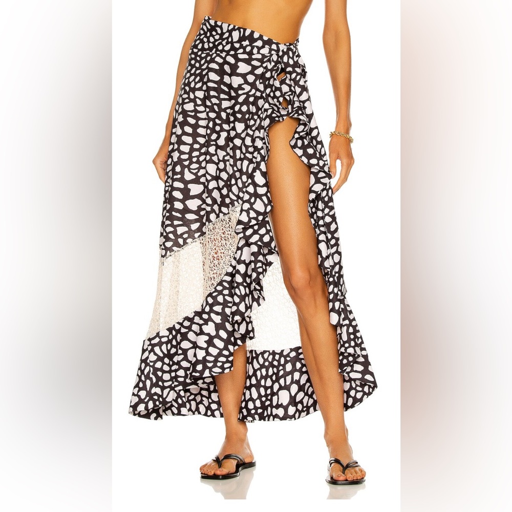 PatBO Spotted Printed Side Tie Midi Skirt w/ Lace Panel